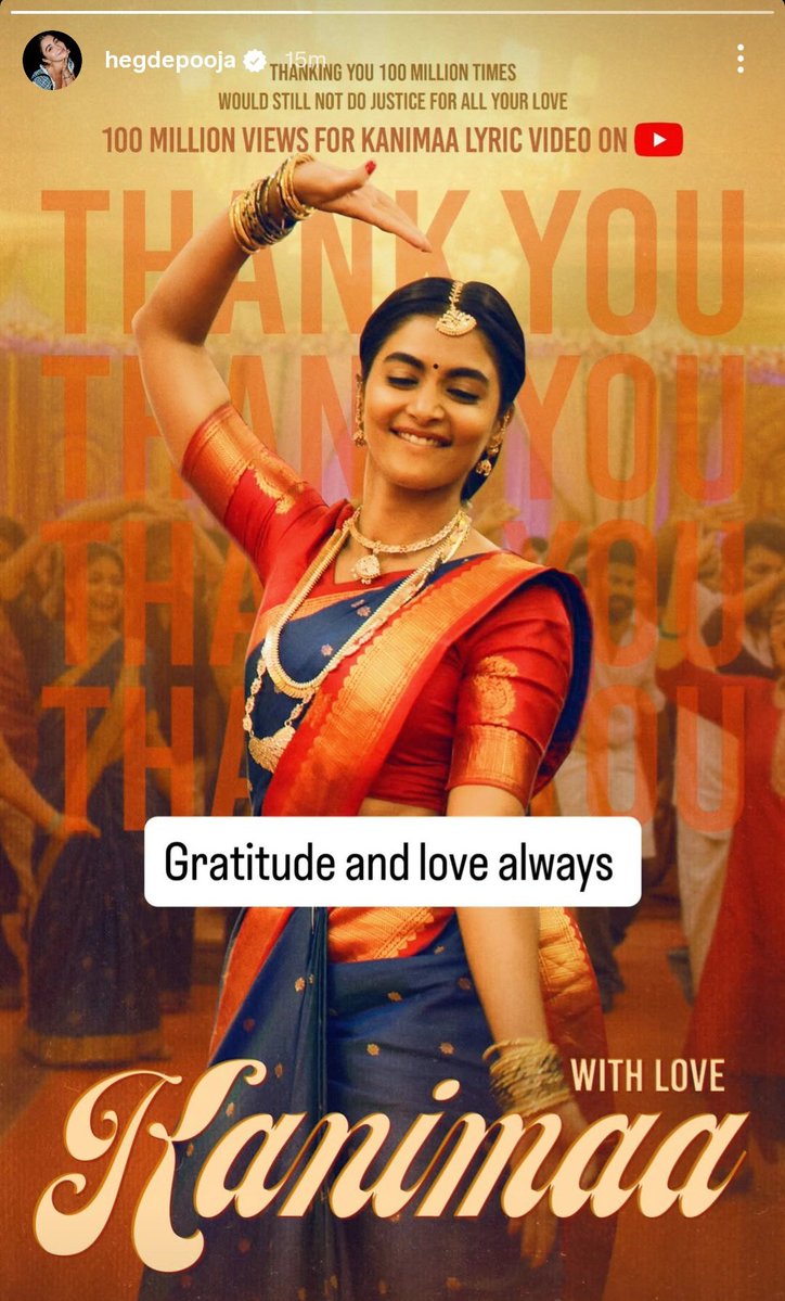 OnlineSuriyaFT's tweet image. • @hegdepooja IG Story For #Kanimaa Hits 100M on YT 💃🏻♥️💥

#Retro #Karuppu