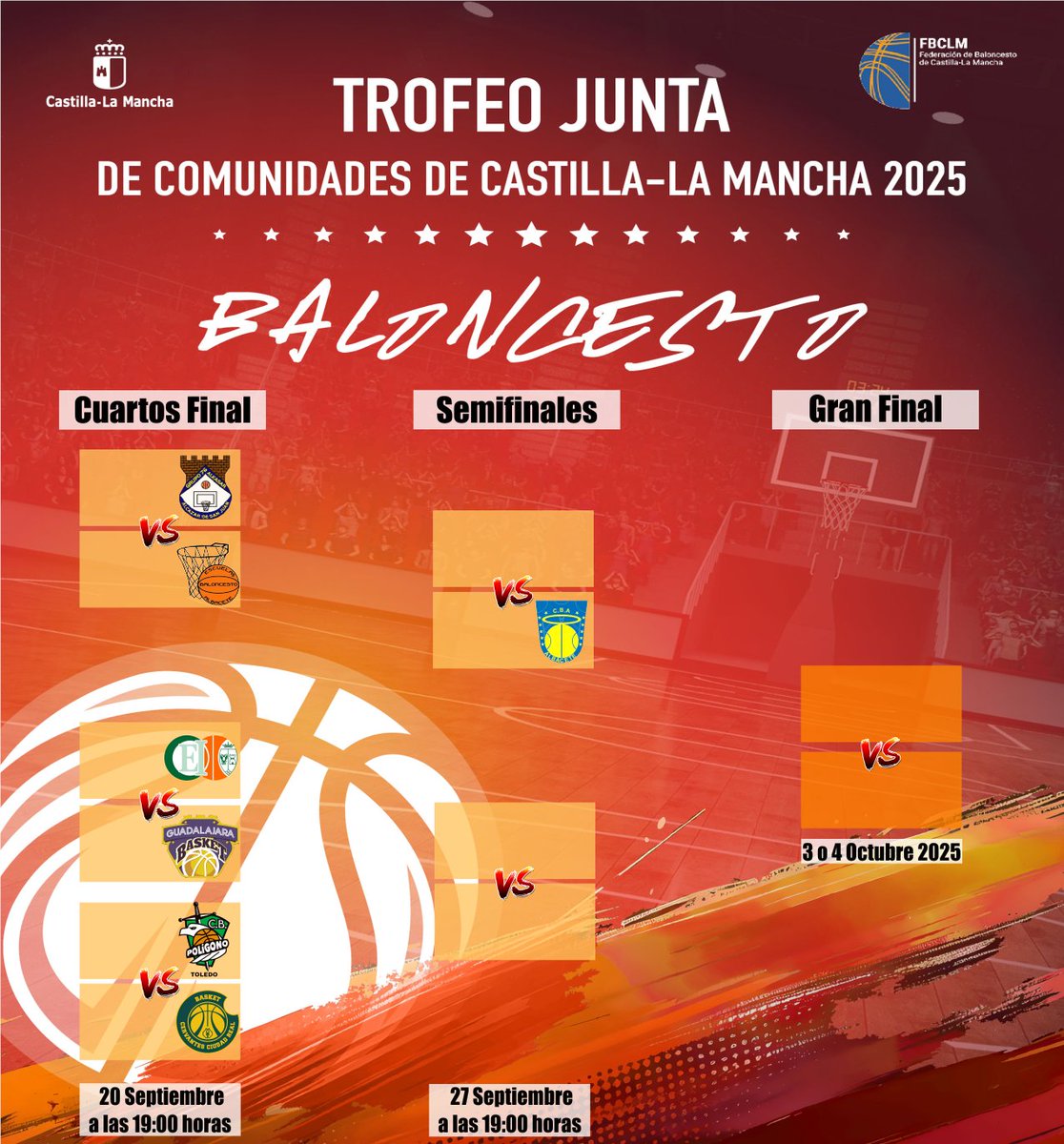 BALONCESTO | TROFEO JCCM

👨‍🦱MASCULINO

1⃣ Se hará una fase de liguilla con 2 grupos con los clubes de 3ª FEB

2⃣ <a href="/cb_toledo2025/">Club Baloncesto Toledo</a> y  <a href="/AlbaceteBasket/">Bueno Arenas Albacete Basket</a> empiezan en semifinales

👩FEMENINO

1⃣ Se mantiene el formato con 3 rondas

2⃣ El <a href="/CBAlbacete/">CLUB BALONCESTO ALBACETE</a>, vigente ganador se une en semifinales