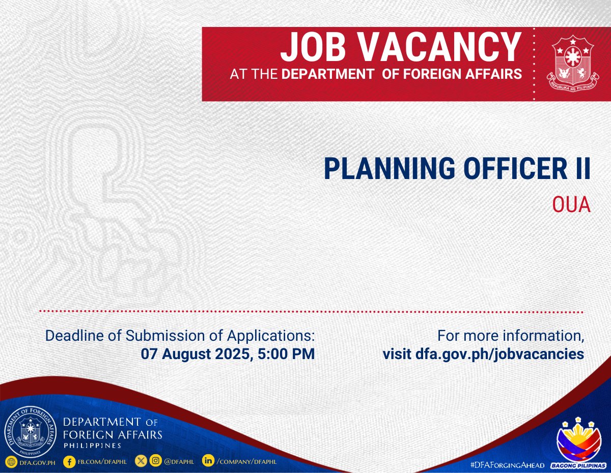 DFAPHL's tweet image. JOB VACANCY ALERT
Visit dfa.gov.ph/jobvacancies for more details.
#DFAForgingAhead
