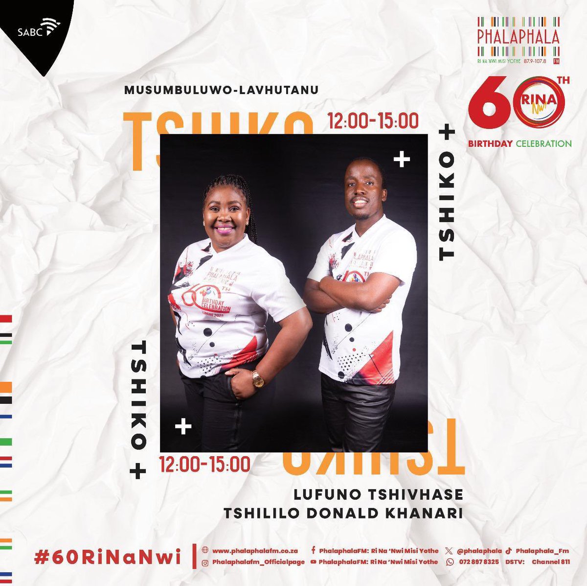 Phalaphala's tweet image. #Tshiko na Lufuno”LGT” Tshivhase
#Mubveledzi: Tshililo Donald Khanari “Bingiraas”
🌐 Phalaphalafm.co.za
📲 SABCPlus
■Dstv Channel: 811
📻 87.9-107.8 MHz
■tshivhaselg@sabc.co.za
📞 086 000 2503
WhatsApp:072 897 8725