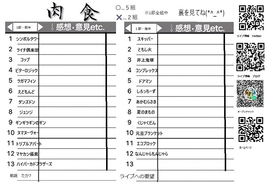 takastarfire's tweet image. 日曜日3本目(*^_^*)
肉食ライブ(*^_^*)
上位二組が疾風迅雷舞へ
ホームページ
neta2024.stars.ne.jp
今後のライブ全日程こちらです🙇
ameblo.jp/odakarat/entry…
7月27日 (日曜日) 17時25分~20時30分@ 新宿バッシュ
#肉食ライブ!☆☆ 〜ネタライブ〜
開場17時15分
1部 開演17時25分…