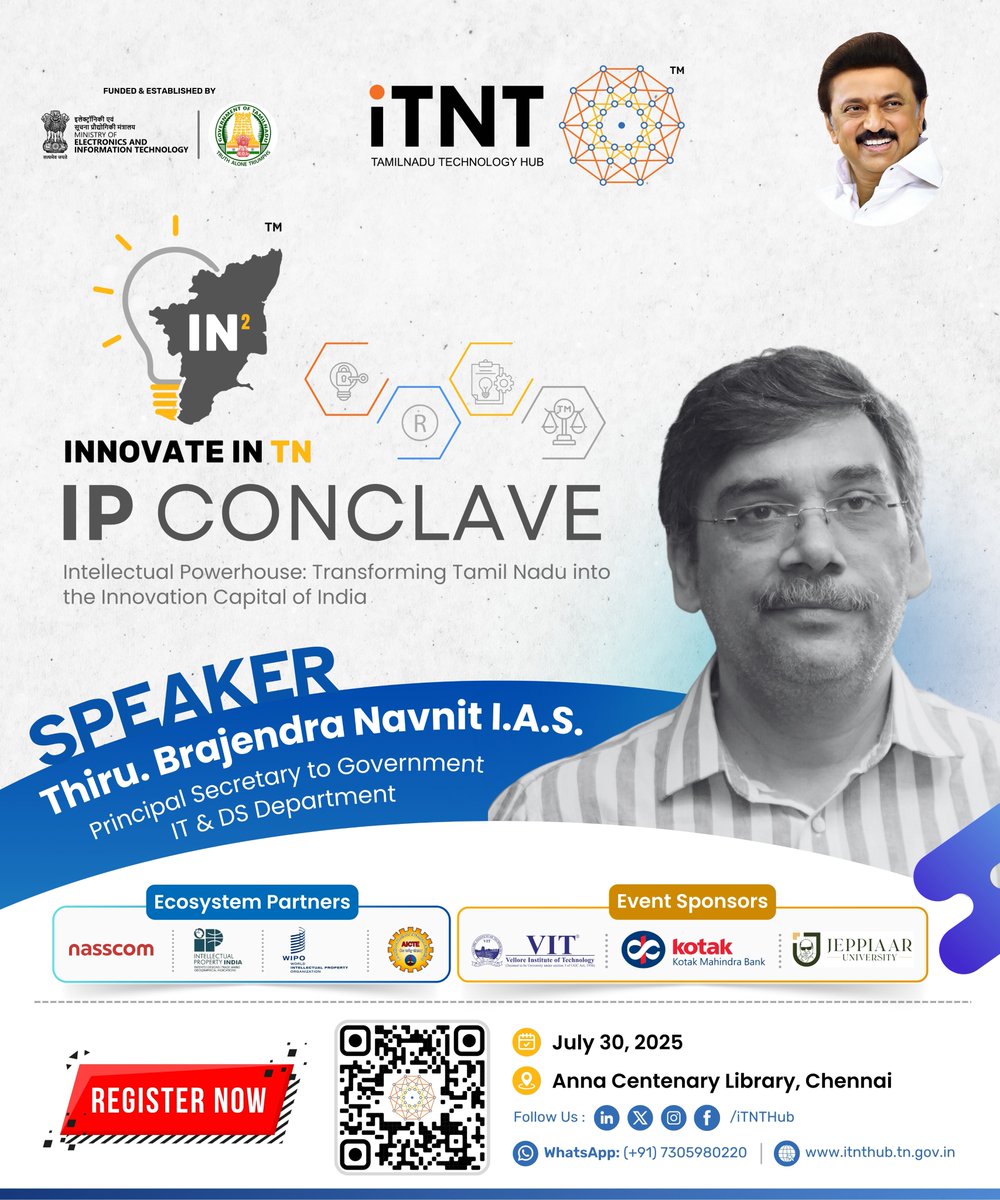 itntHub's tweet image. 📢 𝐒𝐩𝐞𝐚𝐤𝐞𝐫 𝐀𝐥𝐞𝐫𝐭!
👤𝐓𝐡𝐢𝐫𝐮. 𝐁𝐫𝐚𝐣𝐞𝐧𝐝𝐫𝐚 𝐍𝐚𝐯𝐧𝐢𝐭, 𝐈.𝐀.𝐒., 𝐏𝐫𝐢𝐧𝐜𝐢𝐩𝐚𝐥 𝐒𝐞𝐜𝐫𝐞𝐭𝐚𝐫𝐲 𝐭𝐨 𝐆𝐨𝐯𝐞𝐫𝐧𝐦𝐞𝐧𝐭, 𝐈𝐓 & 𝐃𝐒 𝐃𝐞𝐩𝐚𝐫𝐭𝐦𝐞𝐧𝐭
We are excited to have Thiru. Brajendra Navnit, I.A.S., Principal Secretary to…
