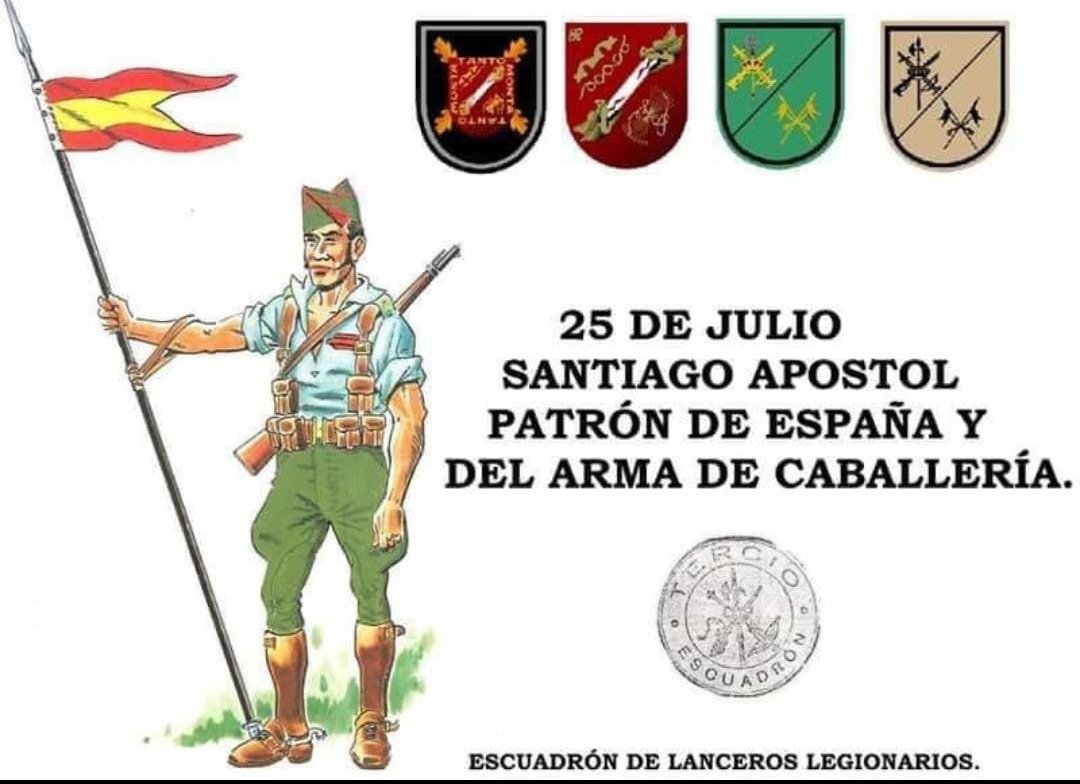 MisterLegio's tweet image. #SantiagoApóstol, Patrón de #España y del Arma de #Caballería. Felicidades a todo aquel que lleva su nombre: #Santiago, #Iago, #Yago, #Jacobo y, en particular, a los componentes del Grupo de Caballería #ReyesCatólicos de #LaLegión. 🇪🇸