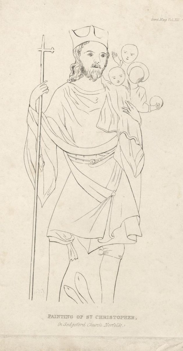 AncientHouseMus's tweet image. Today is the Feast of St Christopher.
This is an engraving of painting of St. Christopher with the Christ child from Sedgeford church. It appeared in Gentleman's magazine in 1843. It was donated to the museum by Prince Frederick Duleep Singh.