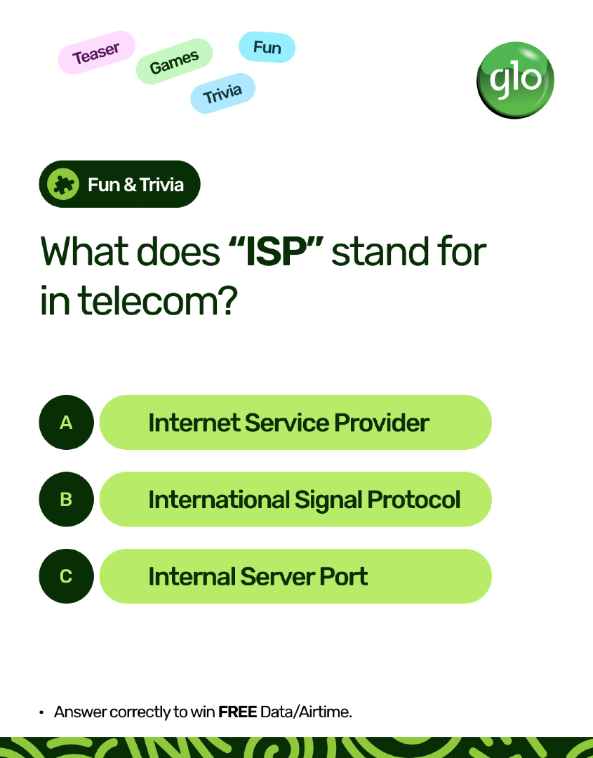 GloWorld's tweet image. Ready to flex those brain muscles?
Answer our trivia question and win FREE data or airtime — just like that!
#GloTrivia #TriviaFriday #GloUnlimited #Gloworld