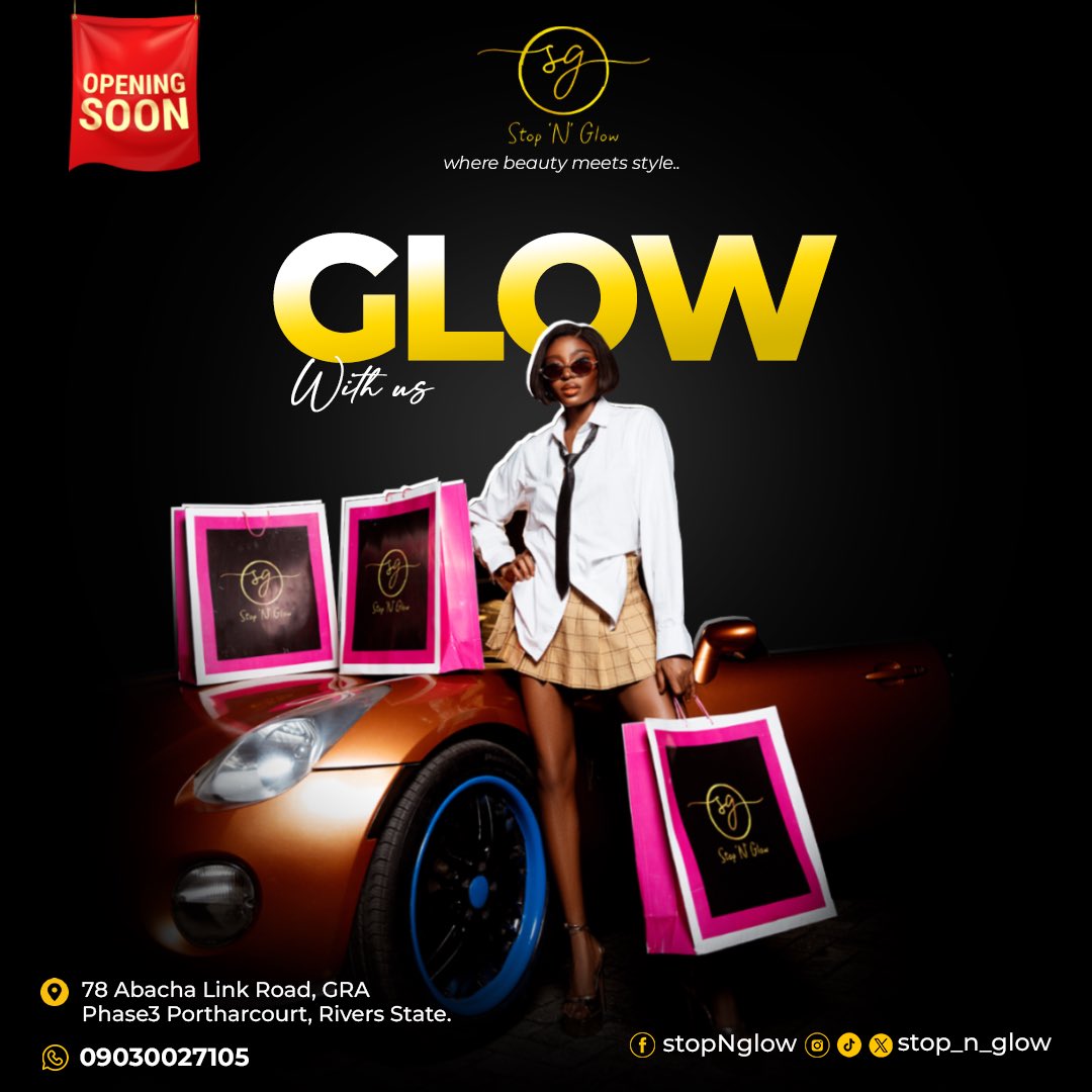 stop_n_glow's tweet photo. Hello Port Harcourt!
We’re excited to announce that 
STOP N GLOW, your best fashion and beauty destination, is coming to town!

Our premier hub promises to revolutionize your style and beauty experience with a trio of exciting offers: 
📌Unisex Salon
📌Unisex Boutique
📌Wig Hub https://t.co/8iL9IKKcff