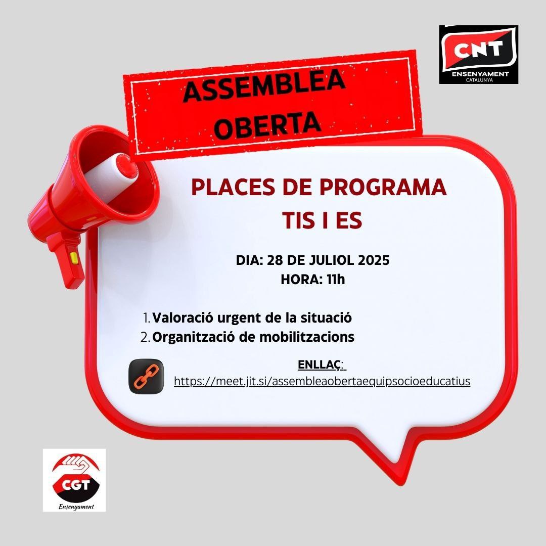 CGTEnsenyament's tweet image. 🔴⚫️Al que cal donar un tomb és a les pràctiques catastrofistes, @eniubo
➡️Unes 235 treballadores dels Equips Socials i Tecniques d'Integració Social estan rebent avisos d'acomiadament d'@educaciocat
➡️ @CNTEnsenyament i @CgtLaborals hem decidit organitzar-nos i plantar cara