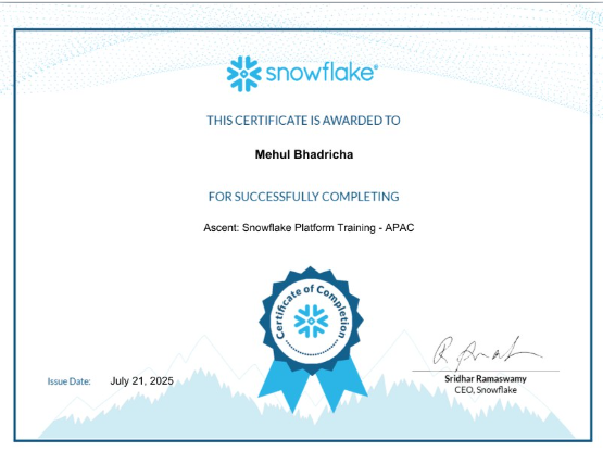 MicrosoftGuy_'s tweet image. Excited to announce my recent certification in Ascent: Snowflake Platform Training - APAC from @Snowflake ❄️ 🌟
Enhancing my skills in #Snowflake #AIDataCloud #DataCloud #ProfessionalDevelopment #Upskilling #ForeverLearner #Data