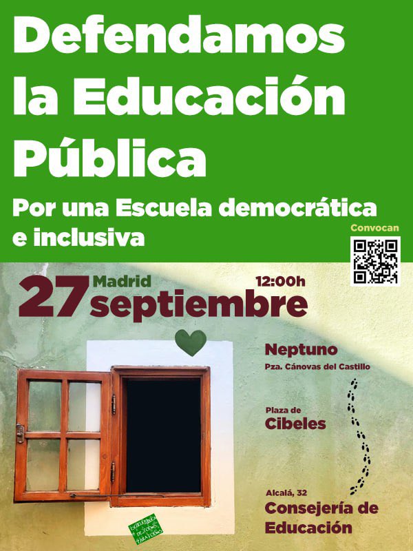 🟩🟢 27-9-2025
🟢🟩 Manifestación 

“Defendamos la #EducaciónPublica” 

⏰ 12 h.

📍 Neptuno-Cibeles-Consejería de Educación (C/ Alcalá 32). 

📣 Convoca: Asamblea Marea Verde

mareaverdemadrid.blogspot.com/2025/07/27-9-2…

#EducaciónPública27S 

#DefendamosLaEducaciónPública27S