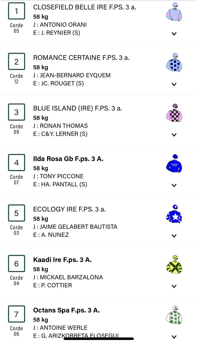 Ecology, con Jaime Gelabert, y Octans, con Antoine Wherle, parents en el prix La Sorellina (Listed de 1.600 metros). 13 candidatas. 👉🏽 france-galop.com/fr/course/deta…
