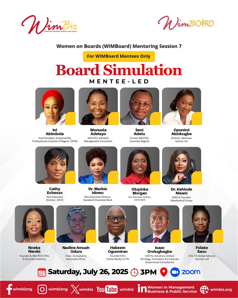 “Your board journey must begin with clarity of purpose and a mindset for governance, not just prestige.” – <a href="/seniadetu/">Seni Adetu</a>, Former MD/CEO, Guinness Nigeria. 

The journey to the boardroom continues with Session 7 of the WIMBoard Mentoring Program Board Simulation, Mentee-Led.