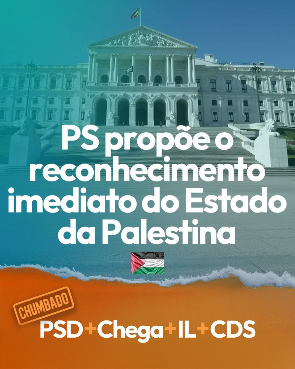 ❌🇵🇸 PSD, CDS, IL e Chega rejeitaram o projeto de resolução do PS que recomendava ao Governo o reconhecimento imediato do Estado da Palestina. A Direita e o Governo teimam em não assumir uma posição alinhada com o Direito Internacional e as resoluções das Nações Unidas como um