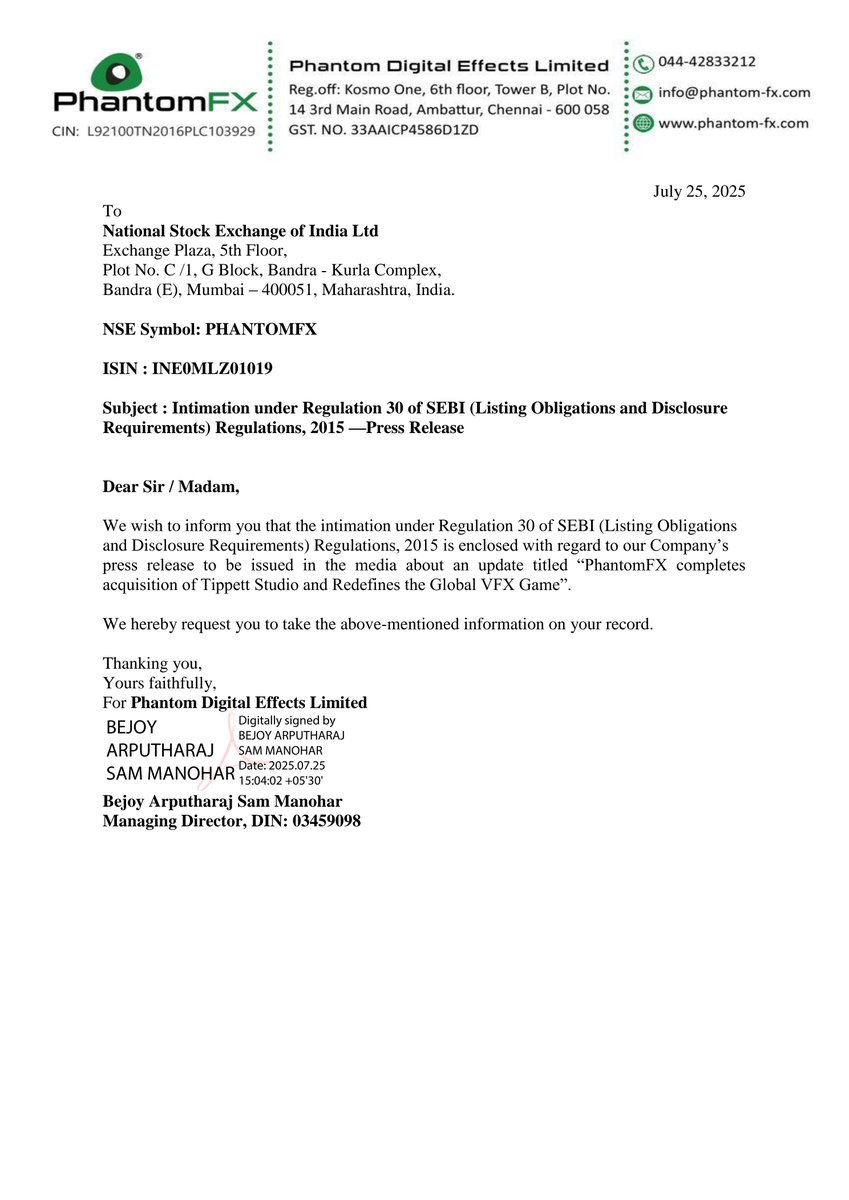 nileshkurhade's tweet image. 📌 Phantom Digital Effects Limited informed the exchange about its press release titled “PhantomFX completes acquisition of Tippett Studio and Redefines the Global VFX Game”. Tippett Studio delivered revenue of USD 7 mn (INR 60 Crores) approximately with PAT of 22% in calendar…