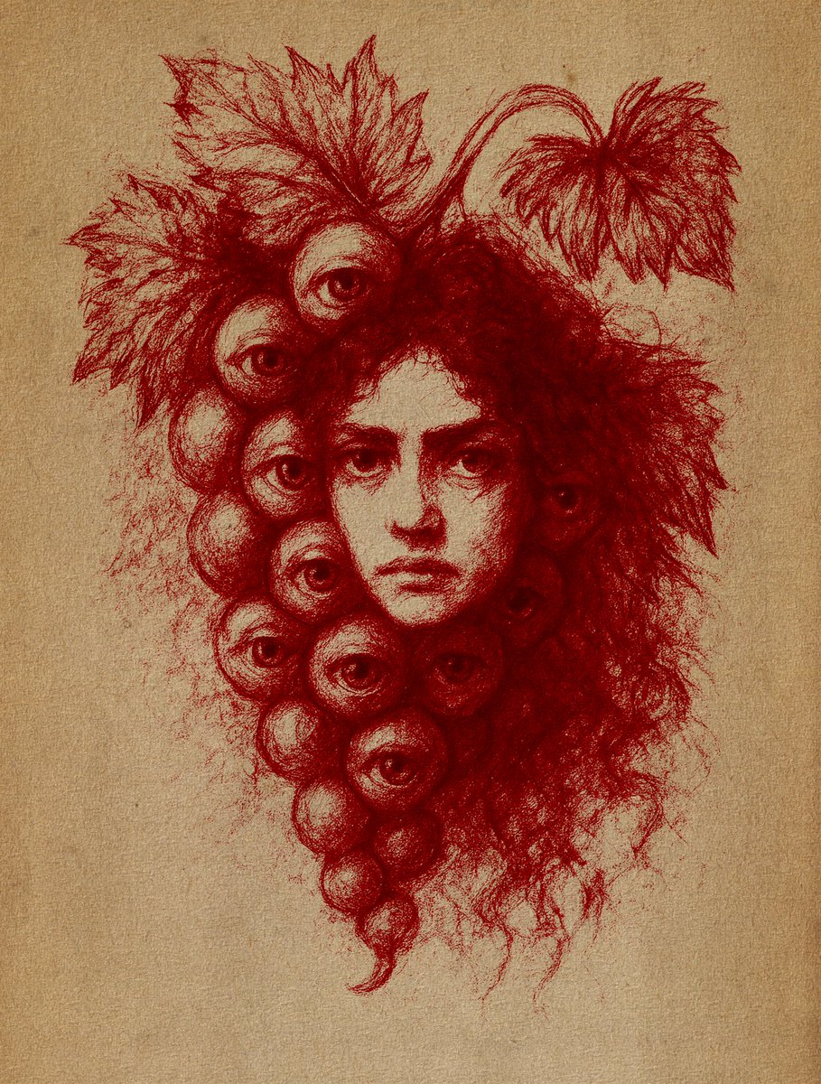 maenadart's tweet image. the maenad’s core, the wine’s essence
—she drinks, she dances, she devours