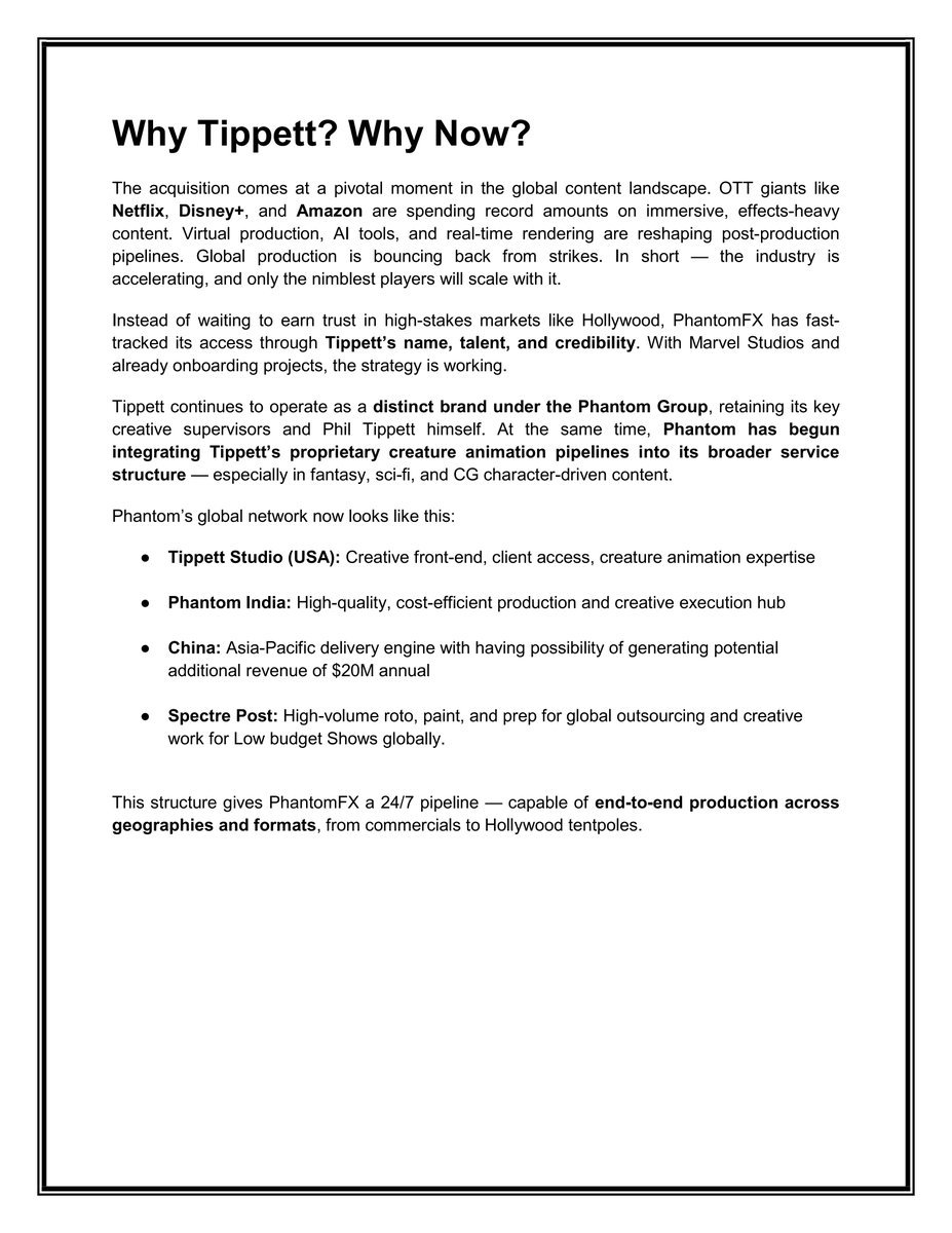nileshkurhade's tweet image. 📌 Phantom Digital Effects Limited informed the exchange about its press release titled “PhantomFX completes acquisition of Tippett Studio and Redefines the Global VFX Game”. Tippett Studio delivered revenue of USD 7 mn (INR 60 Crores) approximately with PAT of 22% in calendar…