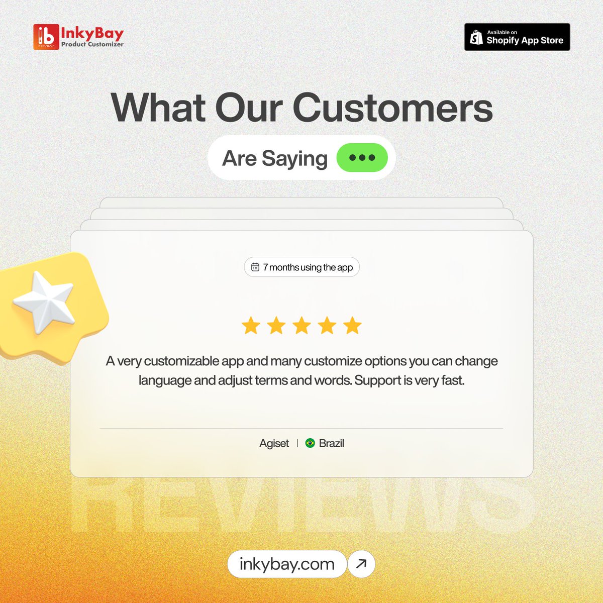 𝗬𝗼𝘂𝗿 𝗙𝗲𝗲𝗱𝗯𝗮𝗰𝗸 𝗛𝗲𝗹𝗽𝘀 𝗨𝘀 𝗚𝗿𝗼𝘄

We, the InkyBay team, believe every review from its Shopify users matters. Your words help us understand what’s working and what needs to improve.

When you share your experience, it helps us:
✅ Fix problems faster
✅ Add new