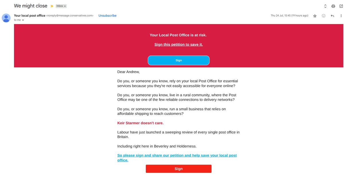 andrew_allison's tweet image. Yesterday, @KemiBadenoch told us that she wanted to model herself on chainsaw-wielding Pres. Milei of Argentina. I also received this ridiculous email from the Conservative Party. So much for cutting waste! (I don't have a local post office, by the way)