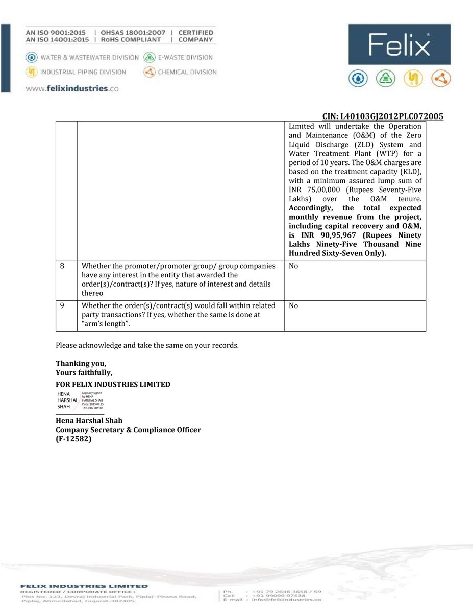 nileshkurhade's tweet image. 📌 Felix Industries Limited informed the exchange about receiving a Confirmation from Hocco Industries Private Limited for a 1500 KLD Zero Liquid Discharge (ZLD) System, a 1500 KLD Water Treatment Plant (WTP), and a 120 KLD Sewage Treatment Plant (STP), including comprehensive…
