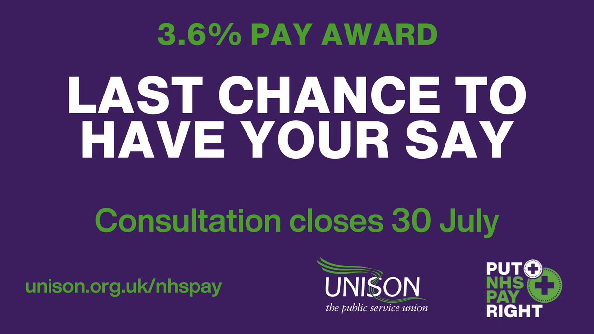 UNISONOurNHS's tweet image. Directly employed by the NHS in England? Time is running out to have your say on how we respond to this year's pay award.
Don't delay - check your email for your voting link and vote before 4pm on Weds 30 July. Visit unison.org.uk/nhspay for all the information you need.