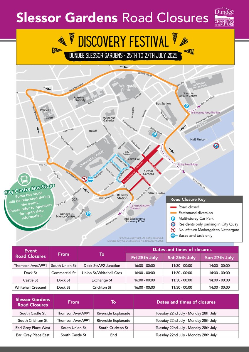 🚨Major closures from 11.30am today 🚨

A number of  road closures and diversions will be in place across Dundee City Centre and Waterfront for this weekend's Discovery Festival at Slessor Gardens today Sat 26 and Sun 27.

Details here bit.ly/4lFzZnf

Map 👇