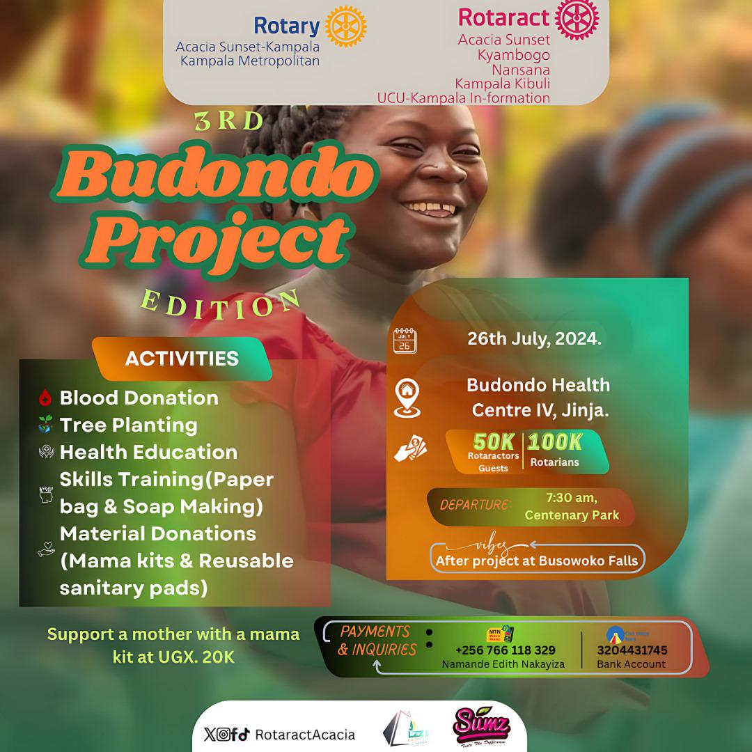 RotaractAcacia's tweet image. BUDONDO PROJECT 3RD EDITION
Budondo Health Centre IV, Jinja
🗓 26th July 2025 | 🕢 Set off: 7:30am. Activities:
Tree Planting,Blood Donation,Skills Training,Health Education, HIV/AIDS Screening, Donations
Fees:
• Rotaractors – 50K
• Rotarians – 100K