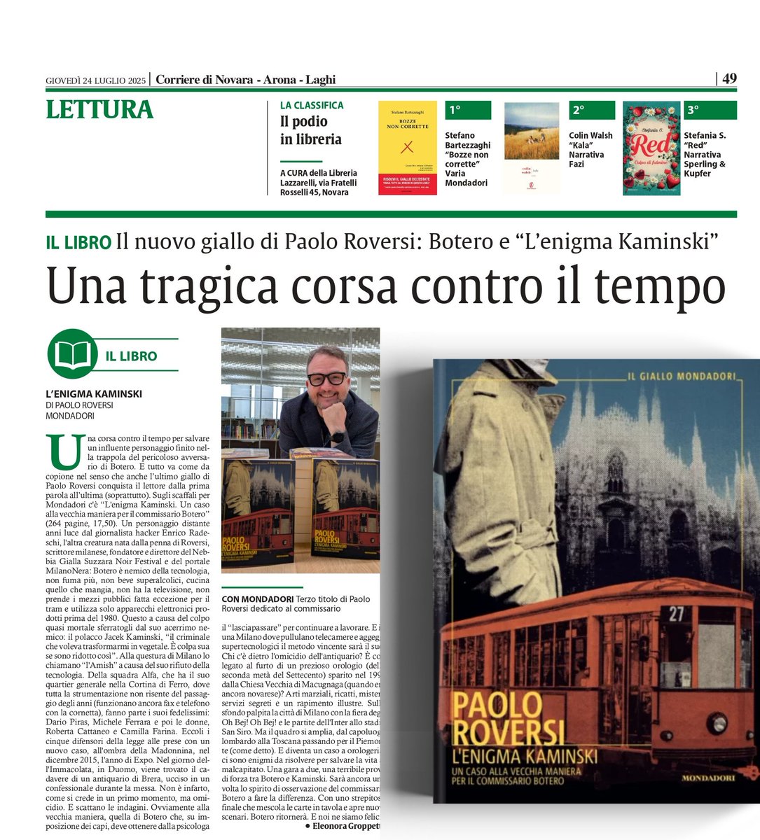 Grazie per la strepitosa recensione de #lenigmakaminski (mondadori) pubblicata sul Corriere di Novara!
