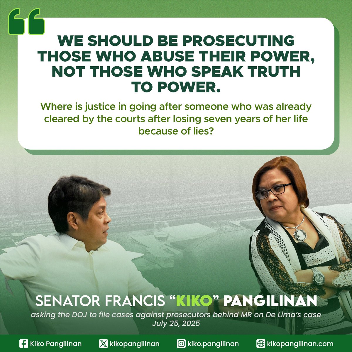 FILE CASES VS. PROSECUTORS BEHIND MR ON LEILA ACQUITTAL

The filing of a Motion for Reconsideration to reverse the acquittal of ML Partylist Rep. Leila de Lima—despite overwhelming evidence of her innocence—is a blatant abuse of the justice system.

Kahit binawi na ang MR, hindi
