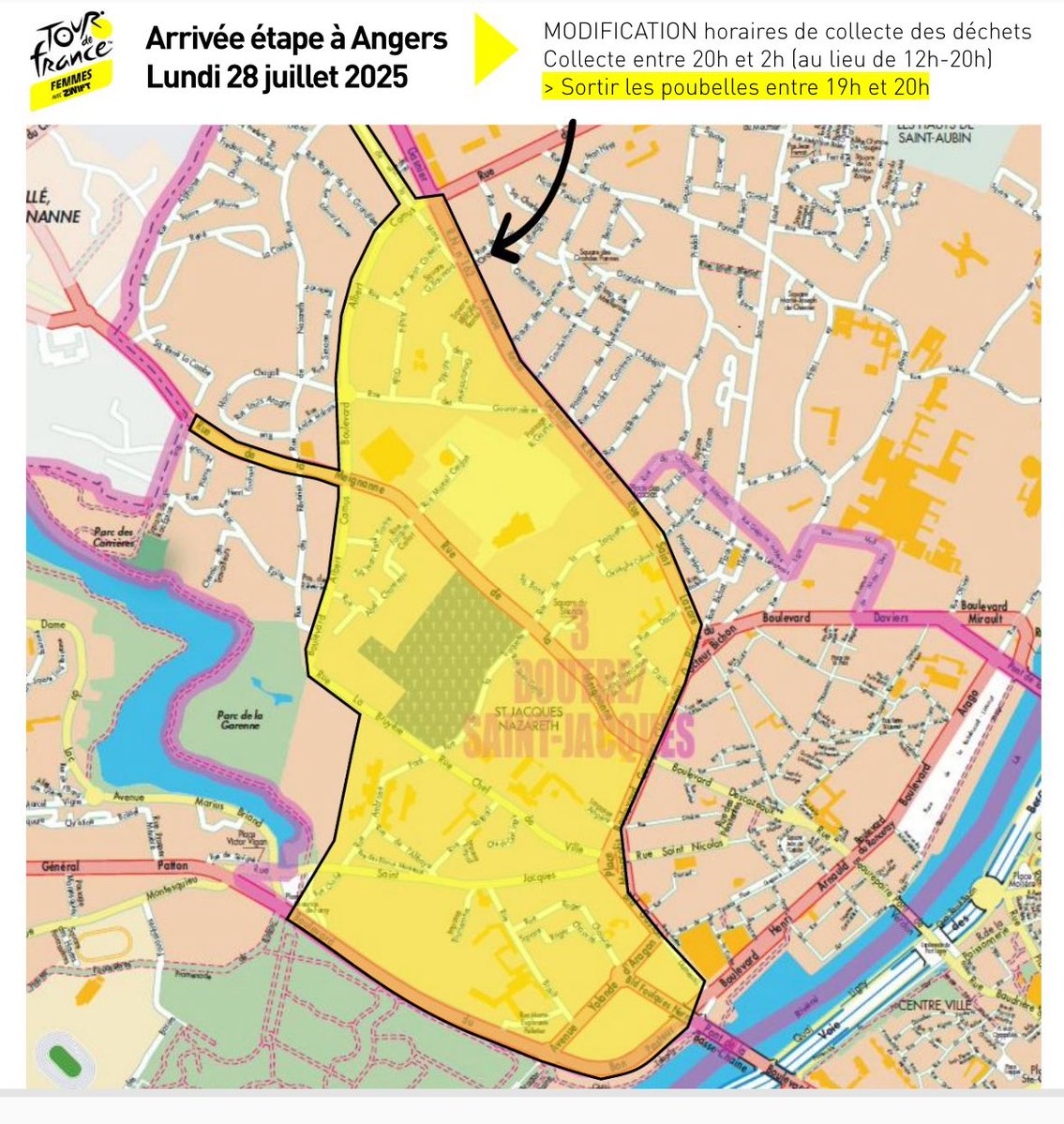 Angers's tweet image. 🚨 Changement d’horaires de collecte des déchets ce lundi à Angers !
📍 En raison du passage du Tour de France Femmes, les tournées seront décalées en soirée :
🕗 Nouvel horaire de collecte : 20h à 2h (au lieu de 12h à 20h)
🗑️ Sortir les poubelles entre 19h et 20h