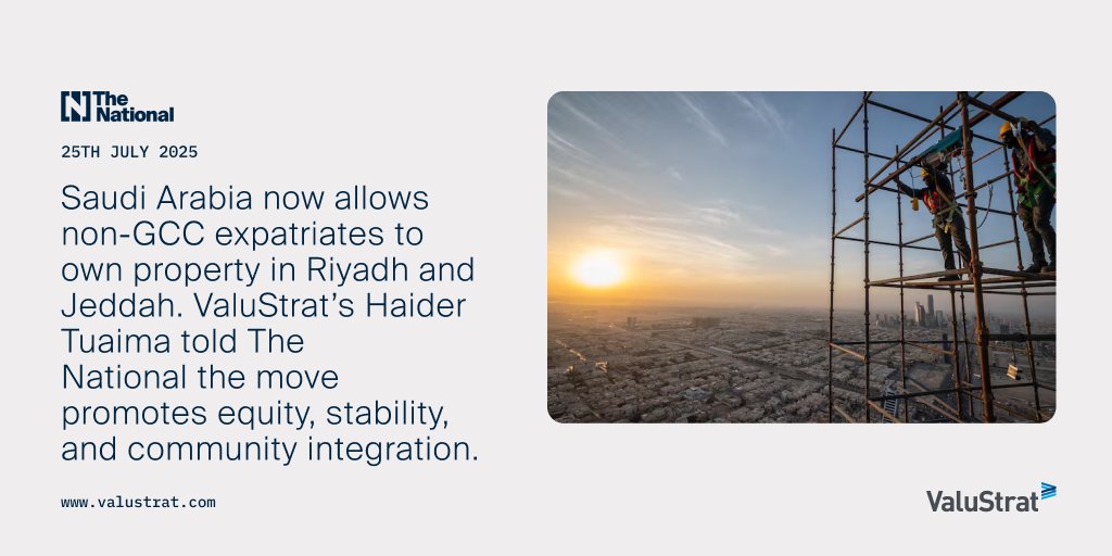 💡ValuStrat's Haider Tuaima calls KSA's new property ownership laws transformational, boosting equity, stability, and foreign investment in line with Vision 2030.

📩 Get to know more: valustrat.com/pages/saudi-fo…

#KSA #RealEstate #RealEstateInvesting #Expats #ValuStratResearch