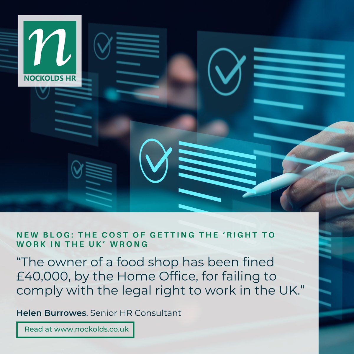 A food shop owner was fined £40,000 for employing someone using false documents, highlighting the risks of not following right to work checks properly.

With rising penalties and new rules ahead, now’s the time to review your processes: nockolds.co.uk/the-cost-of-ge…