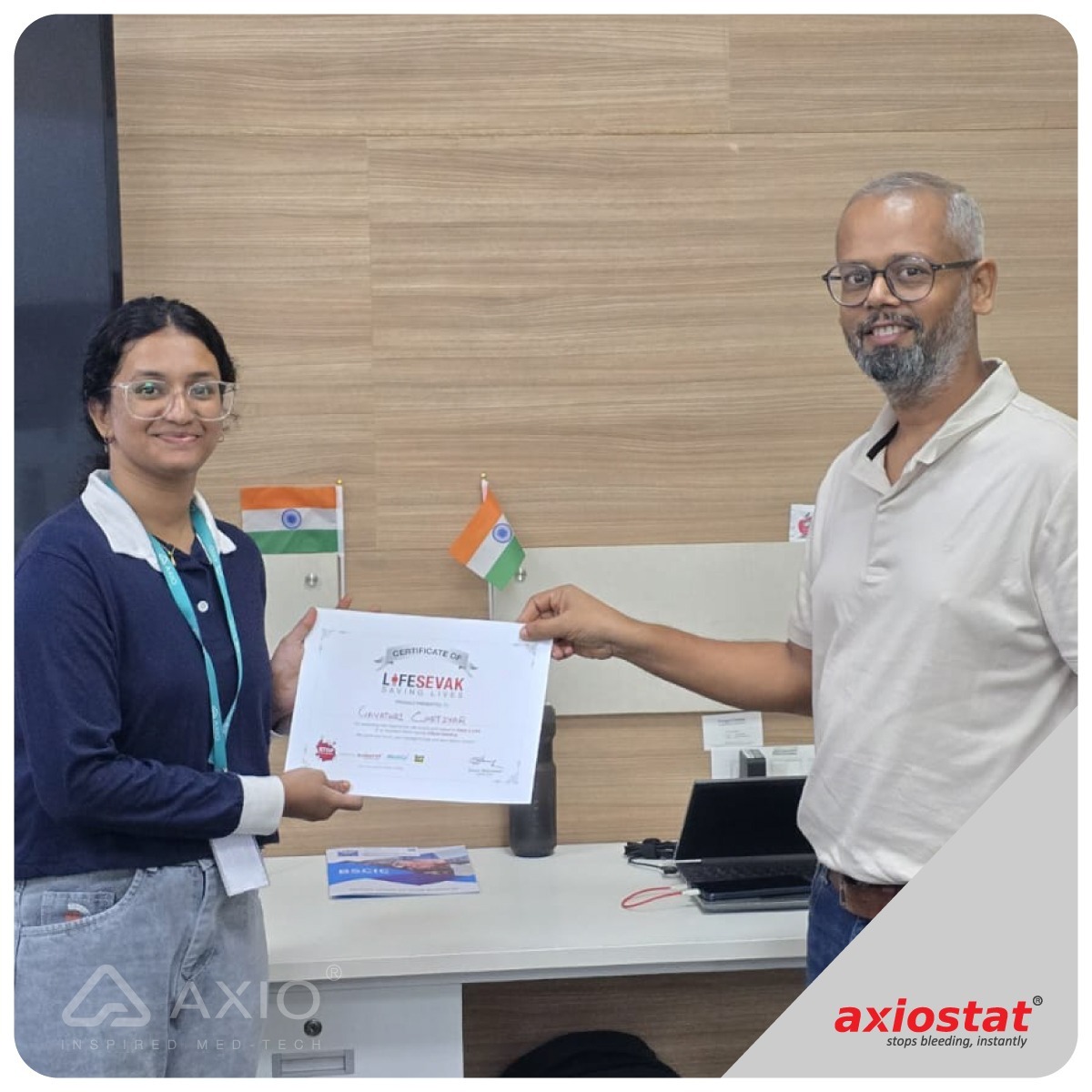 axiobio's tweet photo. Everyone can be a lifesaver.🛡️
Gayathri Chettiyar, an intern at #Axio had the presence of mind to help a road accident victim by using @AxiostatUSA control #bleeding.
We’re proud to honor her with the LifeSevak Award for her #bravery and #kindness. 💙
#RealLifeHero#Stories https://t.co/CHJGIIDMWe