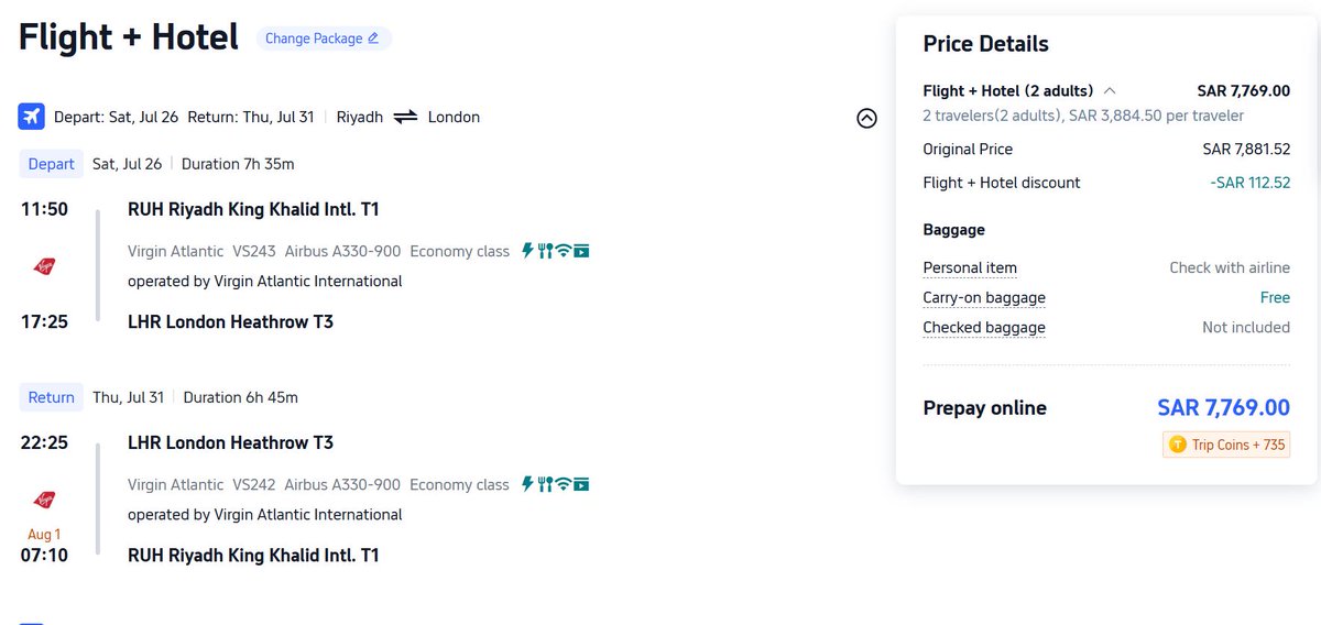 هالمرة جربت الحجز عن طريق Trip.com، وفعلاً السعر كان أرخص من Booking وTrivago!
السعر كان حوالي 7770 ريال لشخصين (تذاكر طيران + فندق 4 نجوم قريب من شارع أكسفورد - Oxford Street) 😍🔥
بشارككم الرابط اللي استخدمته، فيه خصم إضافي كمان👇
🔗 trip.tpx.gr/C6bngDqy