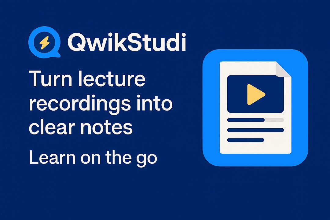 GlinaxTech's tweet image. Do you usually record your lectures?
Would you love to turn those recordings into easy-to-read notes?
Then @QwikStudi is exactly what you need.
We’re launching sooner than you think!
Join the family now!
Join here: chat.whatsapp.com/CDjR7k4kX8aIut…