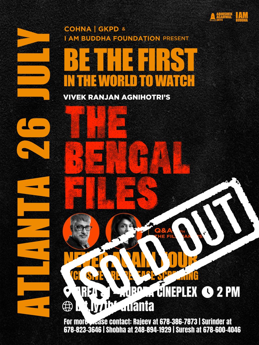 AAArtsOfficial's tweet image. House Full Before Release
Our next 3 shows Atlanta, Tampa, and Orlando are already SOLD OUT!
🇺🇸 If you’re in the USA and want to witness the exclusive pre-release screening of The Bengal Files, this is your chance to be part of history.
🎟️ Seats are filling FAST. Book now:…