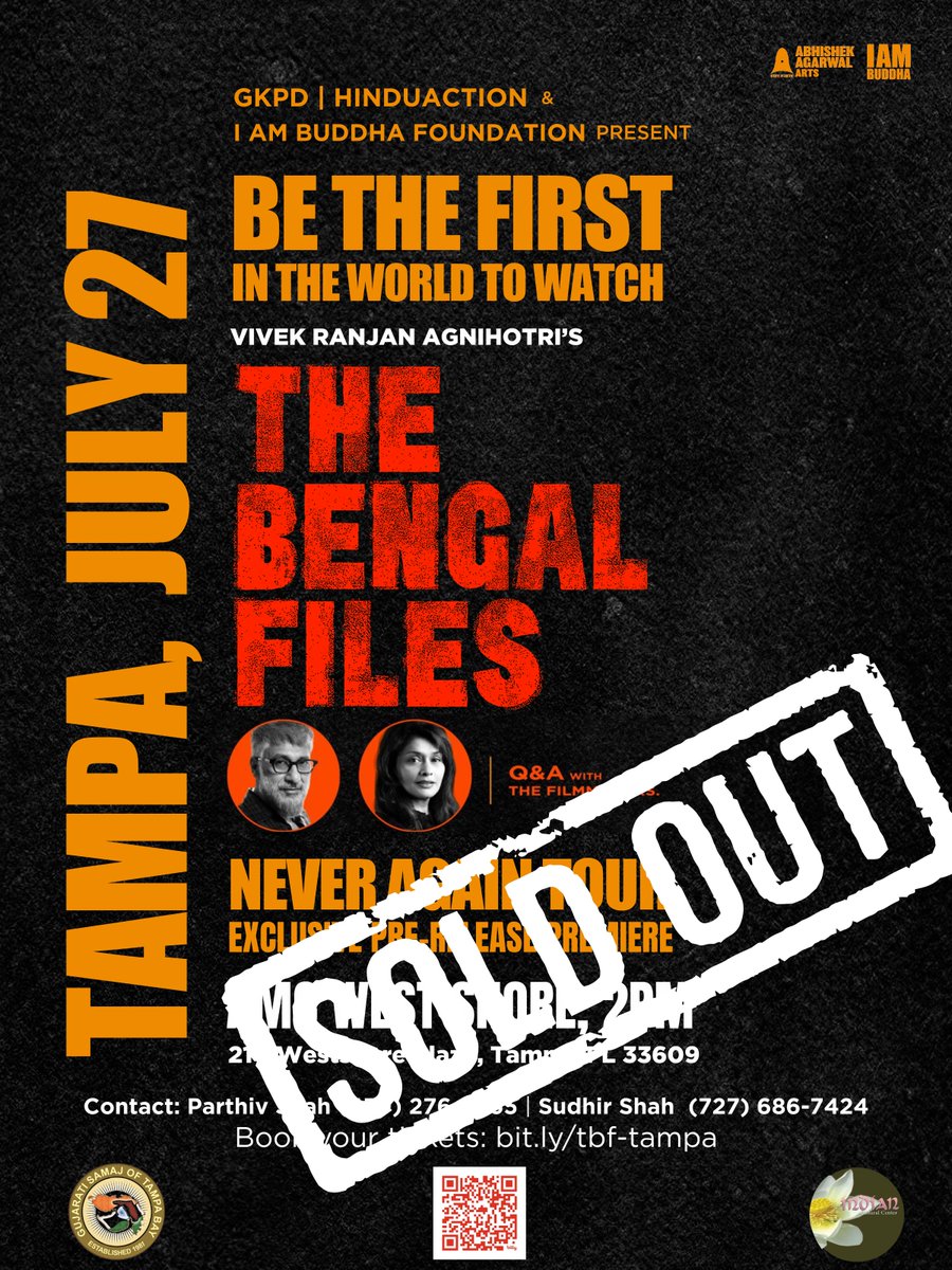 AAArtsOfficial's tweet image. House Full Before Release
Our next 3 shows Atlanta, Tampa, and Orlando are already SOLD OUT!
🇺🇸 If you’re in the USA and want to witness the exclusive pre-release screening of The Bengal Files, this is your chance to be part of history.
🎟️ Seats are filling FAST. Book now:…