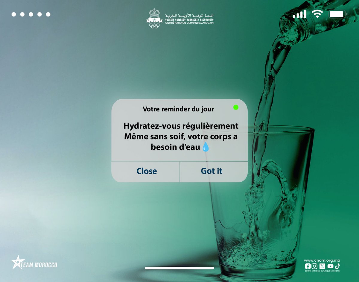 Drink water regularly, even if you’re not thirsty. Your body will thank you 💧

#TeamMorocco #Reminder #Hydratation #Water