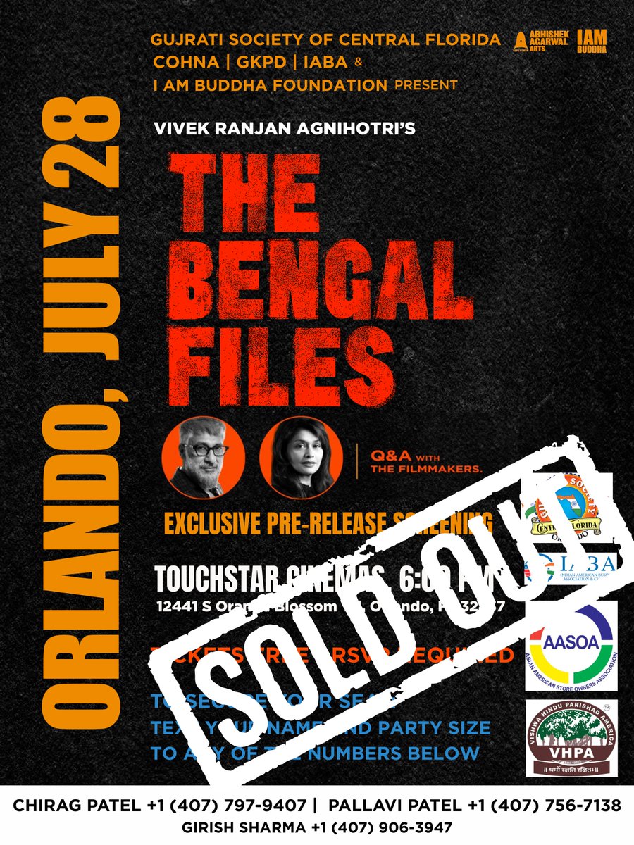 AAArtsOfficial's tweet image. House Full Before Release
Our next 3 shows Atlanta, Tampa, and Orlando are already SOLD OUT!
🇺🇸 If you’re in the USA and want to witness the exclusive pre-release screening of The Bengal Files, this is your chance to be part of history.
🎟️ Seats are filling FAST. Book now:…