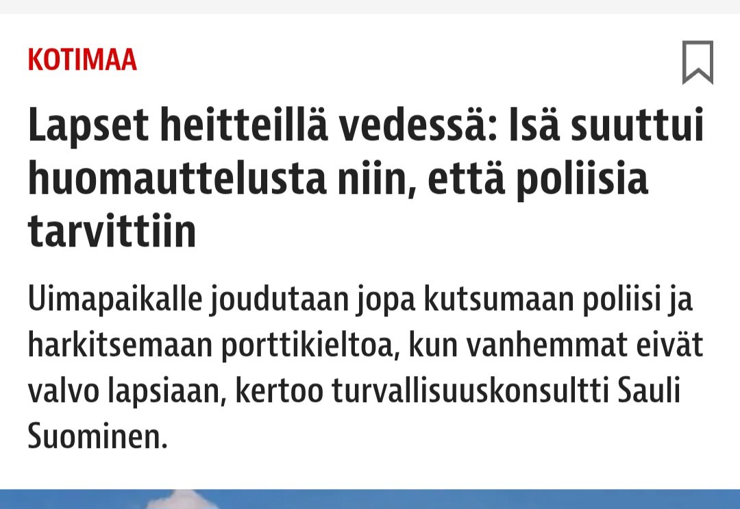 MatiasTurkkila's tweet image. Kummallista meininkiä Suomessa. Kai nyt luulisi olevan itsestäänselvyys, että vanhemmat katsovat lastensa perään.
Mulle kuulemma kävi taaperoikäisenä niin, että kaaduin uimarannalla matalaan veteen, mutta en päässyt siitä omin avuin ylös vaan jäin hädissäni naama veden alla…