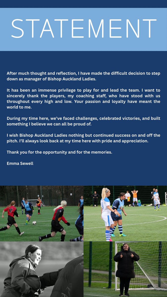 It’s is with deep regret that we accept Emma Sewells resignation as Ladies 1st Manager/Coach. Emma spent 9 years at the club as a player, coach &amp; Manager and we are extremely sad to see her go. We hope all your ambitions come true &amp; wish you luck in your new venture.