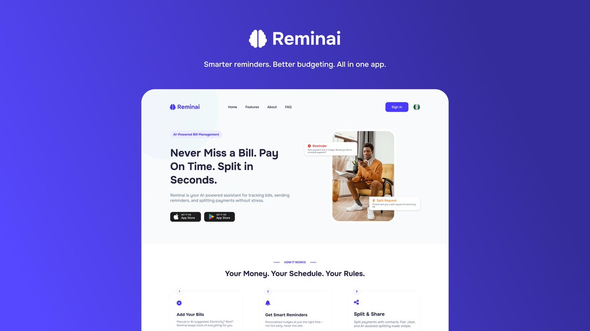 DesignerTP's tweet photo. @Daviowhite @sapaguard Reminai – an AI-powered bill reminder + split app

Built for people who forget bills (but hate late fees).

https://t.co/GpiKcP16Sf https://t.co/1NklI733Xk