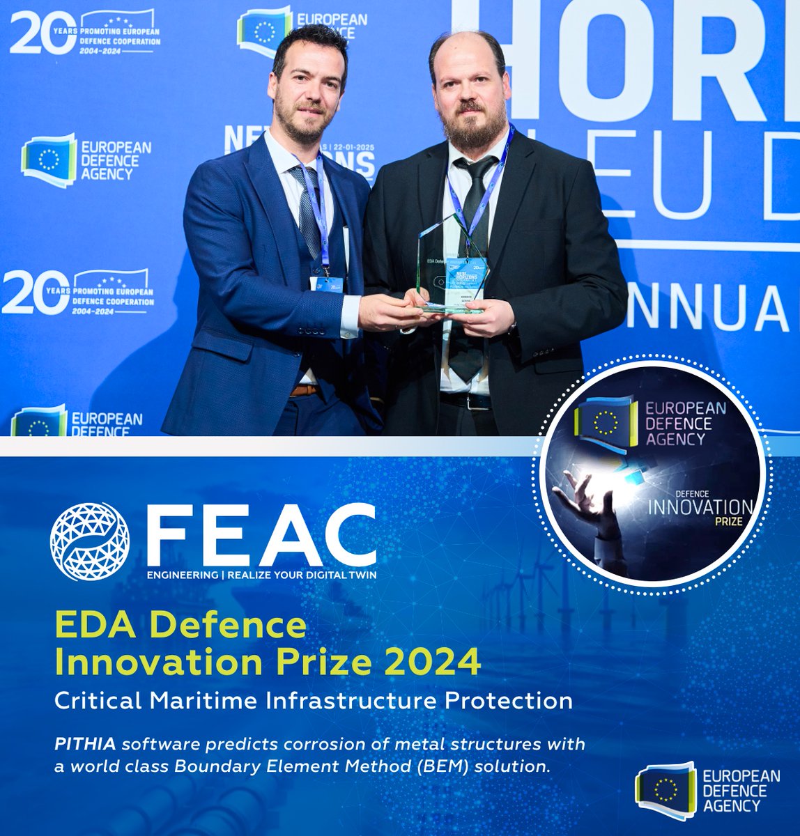 FEACEngineering's tweet image. Earlier this year, we had the honour of receiving 𝟏𝐬𝐭 𝐏𝐫𝐢𝐳𝐞 in the @EUDefenceAgency 𝐈𝐧𝐧𝐨𝐯𝐚𝐭𝐢𝐨𝐧 𝐂𝐨𝐦𝐩𝐞𝐭𝐢𝐭𝐢𝐨𝐧, under the “Critical Maritime Infrastructure Protection” - an incredible milestone for FEAC and our Digital Twin platform, 𝐏𝐈𝐓𝐇𝐈𝐀.