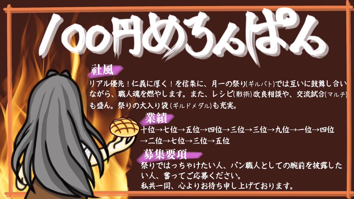 100enMeronpan's tweet image. 100円メロンパン
メンバー引退に伴い
ギルドメンバー募集致します‼️

【募集基準】
・意思疎通がとれる方
・ギルバトで楽しく上位を目指したい方
・前回ST4 ワンパン以上

ギルバトはギルチャ完結！
ギルド概要は添付の画像をご確認ください🍈🍞

ご質問やご興味ある方は
DMをお願い致します🙇

#FF7EC