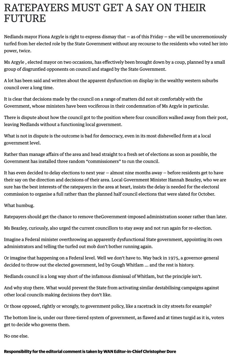 MichaelWestBiz's tweet image. Mayor Fiona Argyle "brought down by a coup .. staged by state govt". Strong editorial by Chris Dore WA News ed-in-chief.
#auspol #wapol
michaelwest.com.au/hatchet-job-wa…