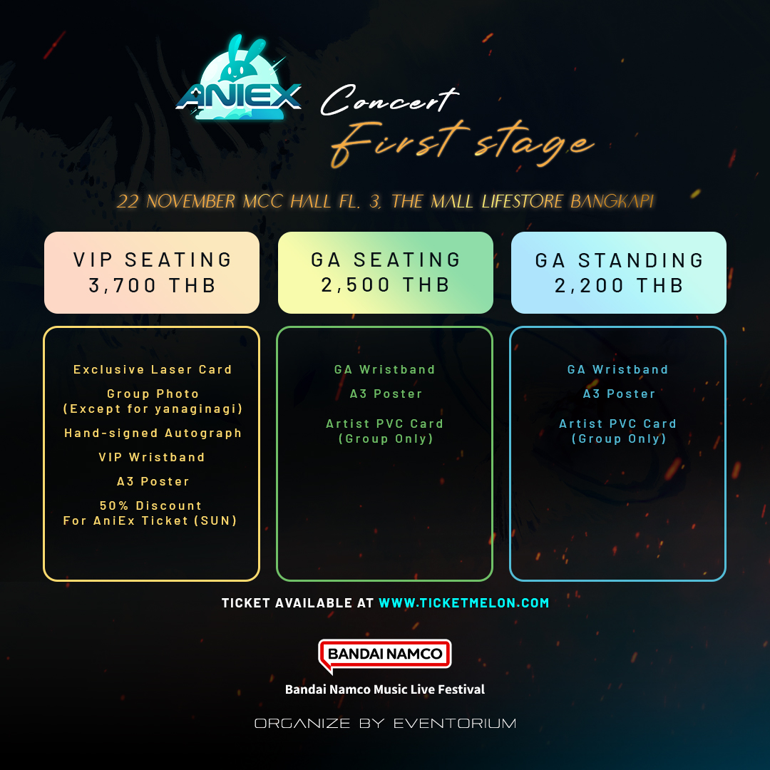 AniEx_event's tweet image. 🎫 AniEx Concert First Stage tickets!
Epic anisong lineup + exclusive goodies for anime fans 🎁
📍Get yours Aug 1 >> ticketmelon.com/ax/axc
#AniEx #AniEx2025 #Anisong #BandaiNamcoMusicLive #ZAQ
#TRUE #MindaRyn #ミセカイ #ayumimiyazaki #やなぎなぎ