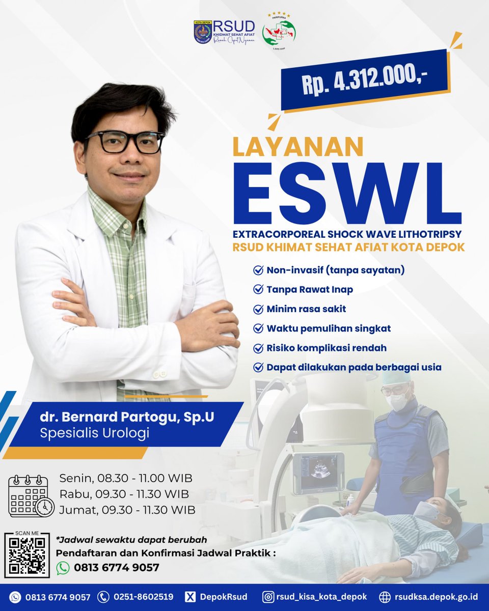 Ayo ke RSUD KiSA Kota Depok
Bebas dari batu ginjal tanpa operasi?
Layanan ESWL (Extracorporeal Shock Wave Lithotripsy) solusinya!
Non Invasif (Tanpa sayatan)

Segera konsultasikan masalah batu ginjal Anda di RSUD KiSA Kota Depok. 
Info &amp; pendaftaran: 081367749057