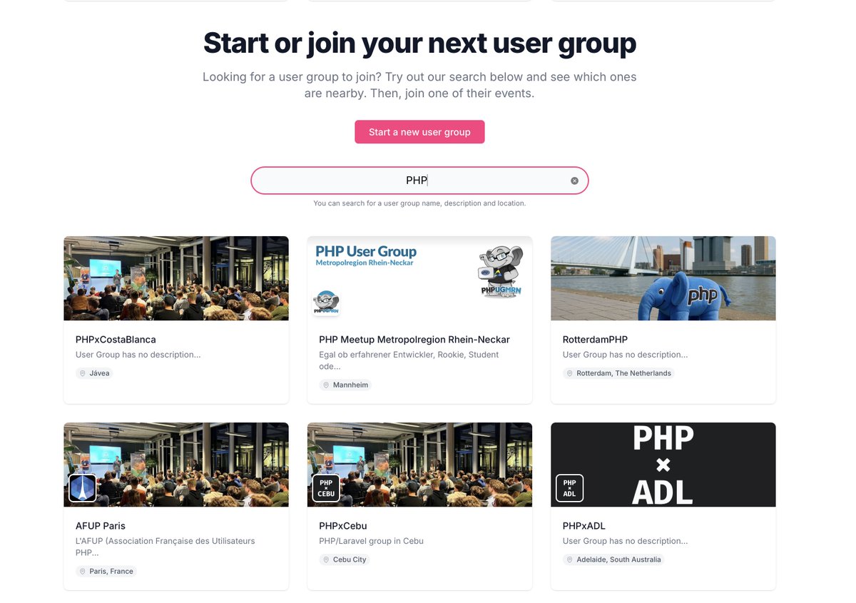 driesvints's tweet image. Not gonna lie. Seeing all of these user groups using @eventyio is absolutely rewarding after the hard work me and Rias did 🥹
eventy.io/user-groups?se…