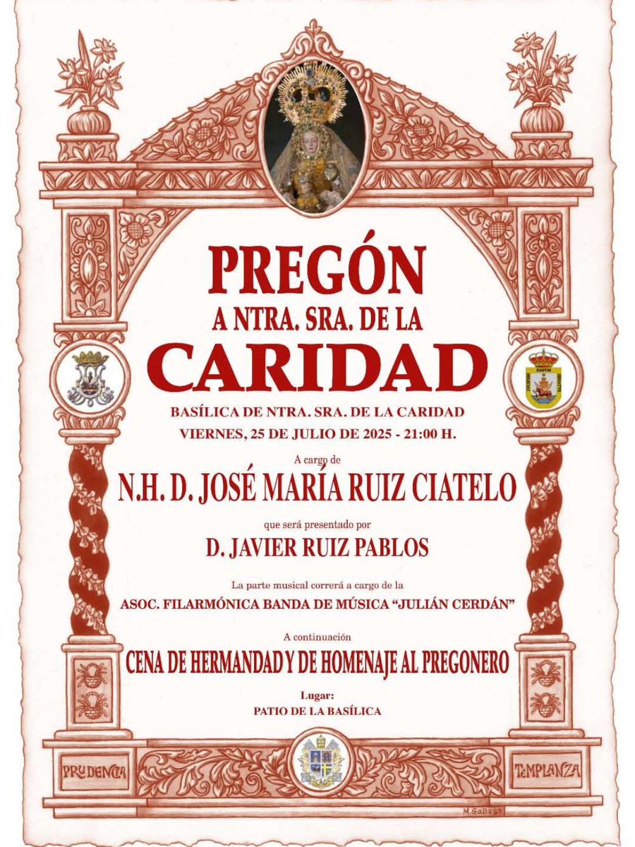 B.M. Julián Cerdán (@bmjuliancerdan) on Twitter photo 🔴 AGENDA
PREGÓN A NUESTRA SEÑORA DE LA CARIDAD CORONADA
📆 Viernes 25 de julio
⏰ 21:00 h
⛪ Basílica Nuestra Señora de la Caridad
🌍 Sanlúcar de Barrameda
<a href="/Hdad_Caridad/">Hdad. de la Caridad</a>
#SuenaJuliánCerdán 🔴 AGENDA
PREGÓN A NUESTRA SEÑORA DE LA CARIDAD CORONADA
📆 Viernes 25 de julio
⏰ 21:00 h
⛪ Basílica Nuestra Señora de la Caridad
🌍 Sanlúcar de Barrameda
<a href="/Hdad_Caridad/">Hdad. de la Caridad</a>
#SuenaJuliánCerdán