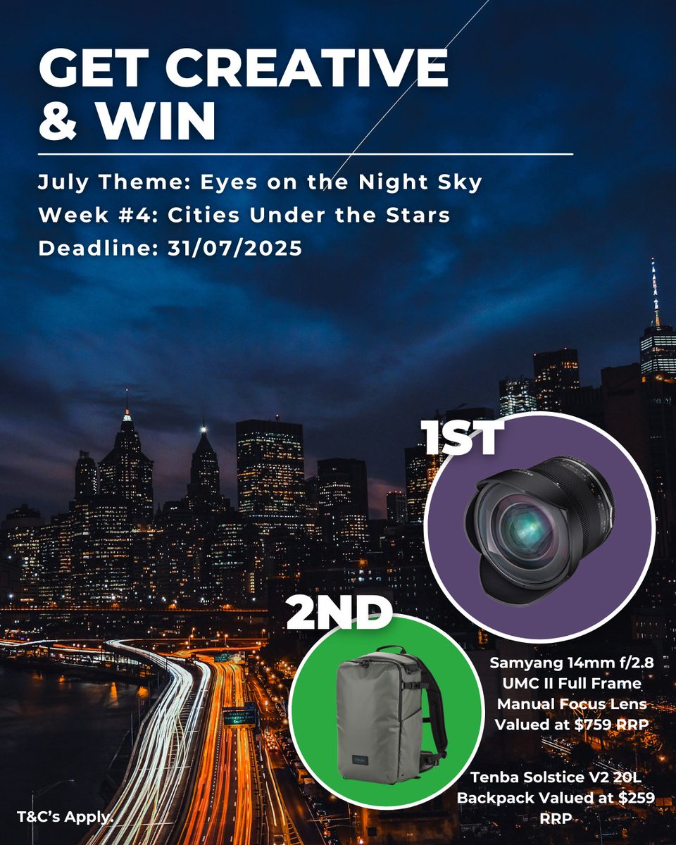dcwarehouse's tweet photo. 🌌 Final week of our July Photo Challenge: Cities Under the Stars⁠
Capture the night sky meeting urban life — skyscrapers, streetlights, and stars all in one shot.⁠
⁠
🎁 Win a Samyang 14mm lens or Tenba backpack!
⁠📅 Enter by July 31 → https://t.co/Ob9mai0AIT

#DCWCommunity https://t.co/BSGUjeruPA