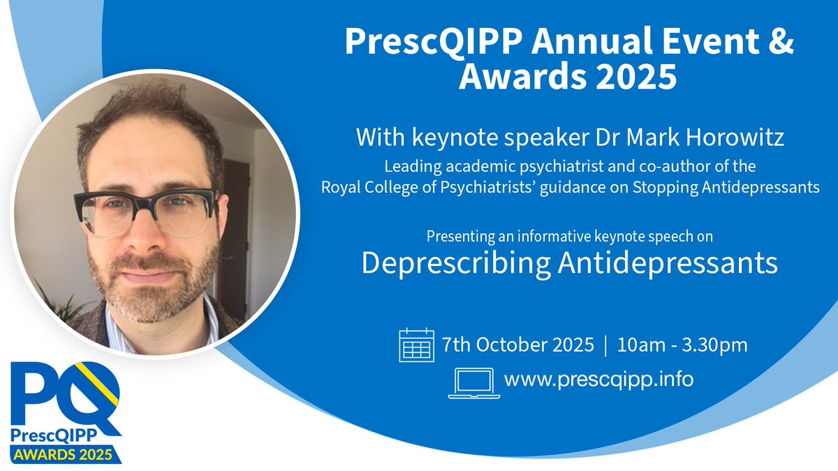 PrescQIPP's tweet image. The 3rd keynote speaker at the #PrescQIPP2025 Annual Event and Awards is leading academic psychiatrist Dr Mark Horowitz.

Dr Horowitz will discuss Deprescribing Antidepressants, including patient perspectives and practical guidance.

Register at prescqipp.info/community-reso…

@markhoro