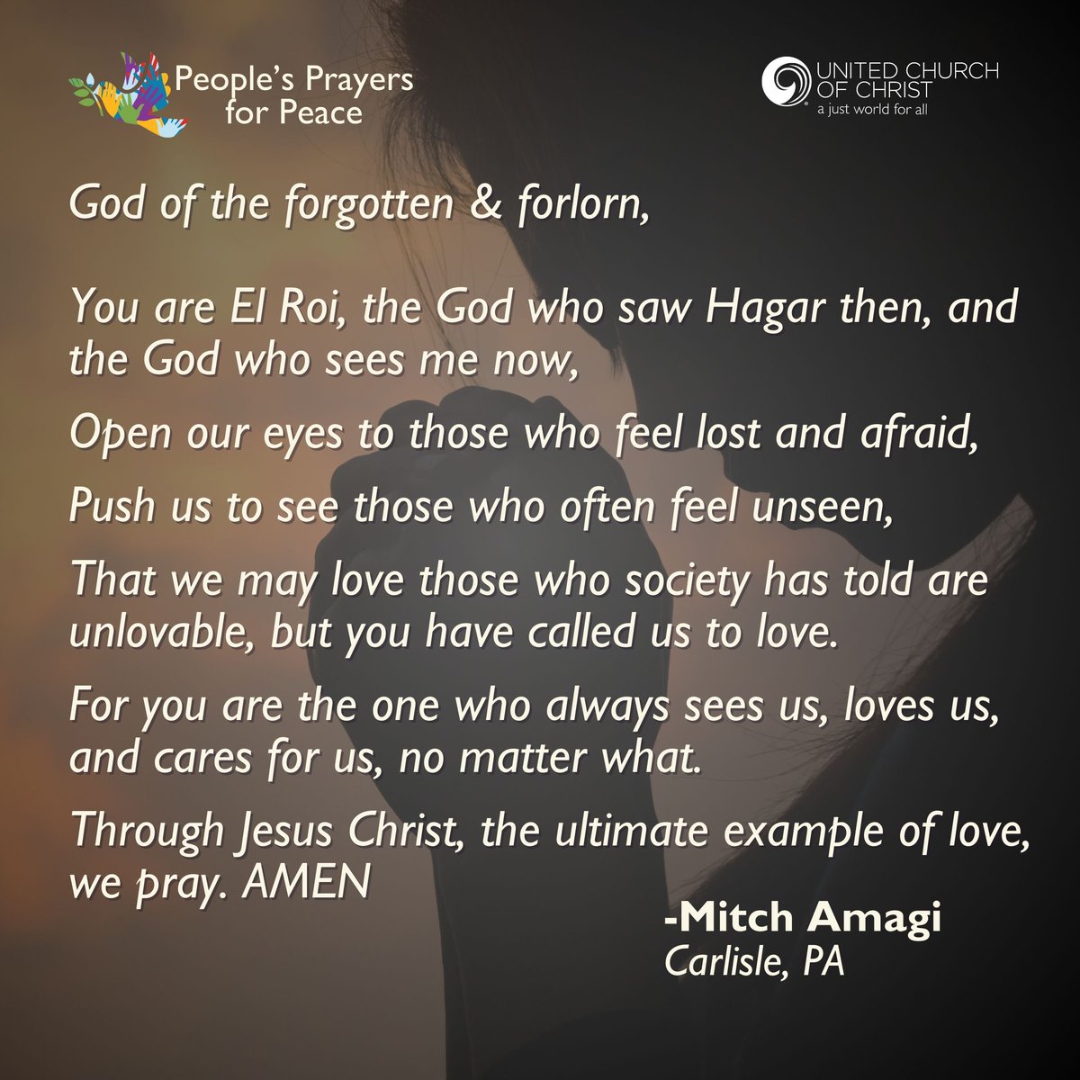 🙏🏾 God of the forgotten &amp; forlorn,

Open our eyes to those who feel lost &amp; afraid,
That we may love those who society has told are unlovable,
For you are the one who always sees us, loves us, and cares for us. AMEN

-Mitch Amagi

👉🏾 Share your prayer: ow.ly/gVR450Wuxau